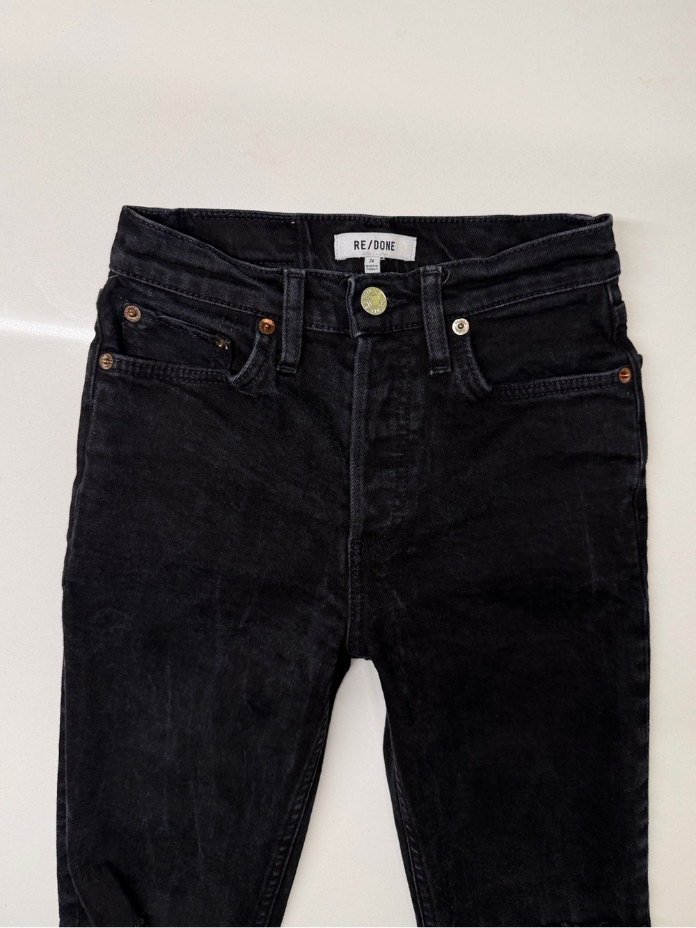 RE/DONE 90s High Rise Ankle Crop Ripped Black Distressed Skinny Jean Size 24